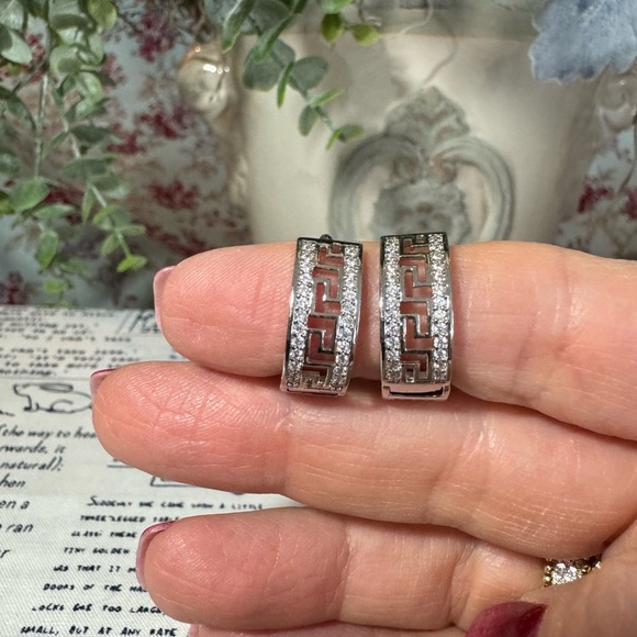 Jewelry - Stainless Steel Greek Key Hoop Earrings with Crystal Accents - Silver